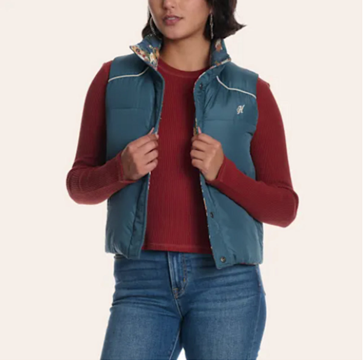 Hooey Women's Western Print Reversible Puffer Vest in Orion Blue