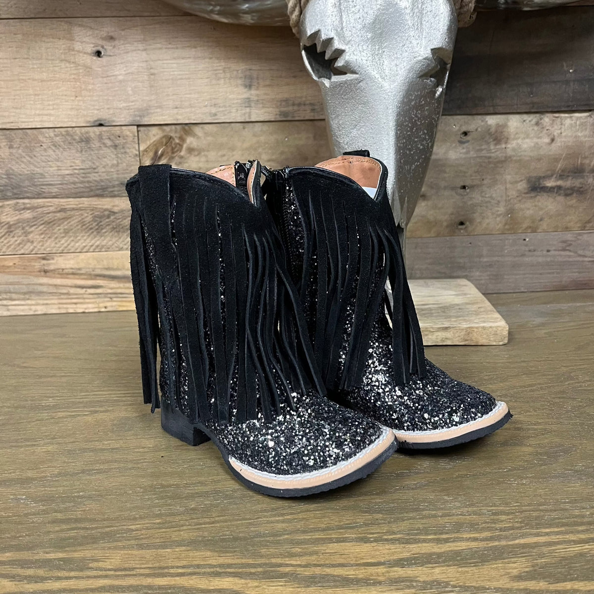 Tanner Mark "Stormi" Black Shimmer with Fringe Toddler Boots