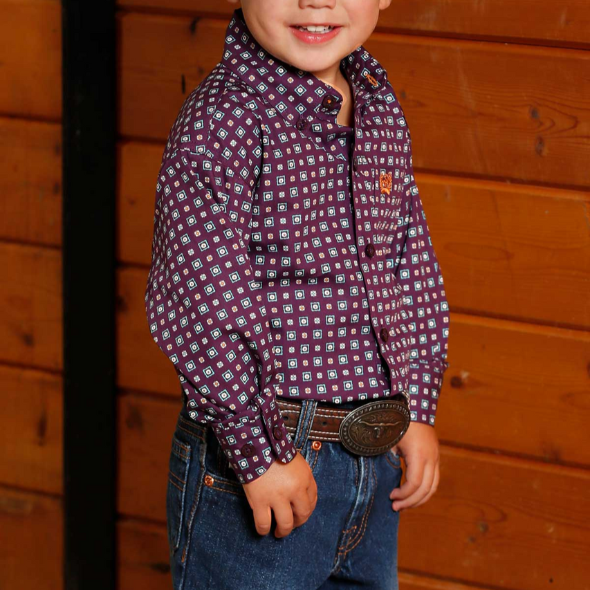Cinch Baby & Toddler Boy's L/S Geometric Print Button Down Western Shirt in Purple