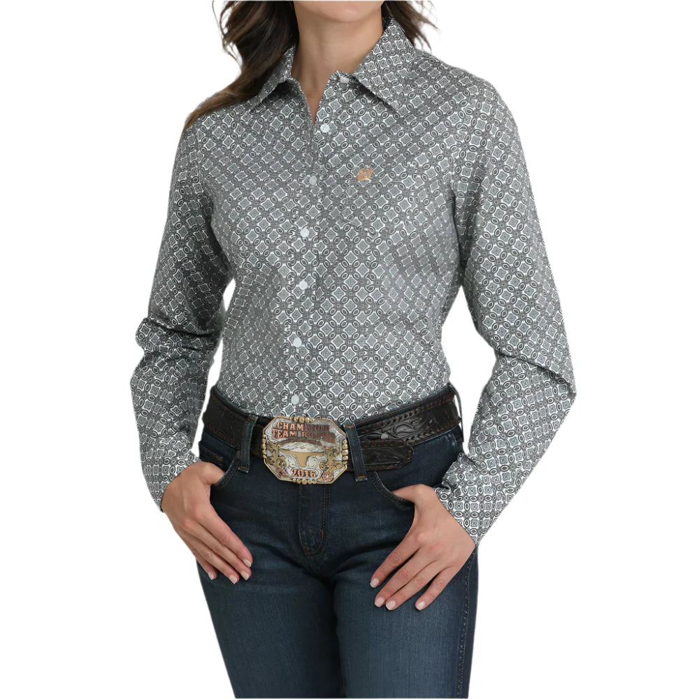 Cinch Women's L/S Medallion Print Western Button Down Shirt in White