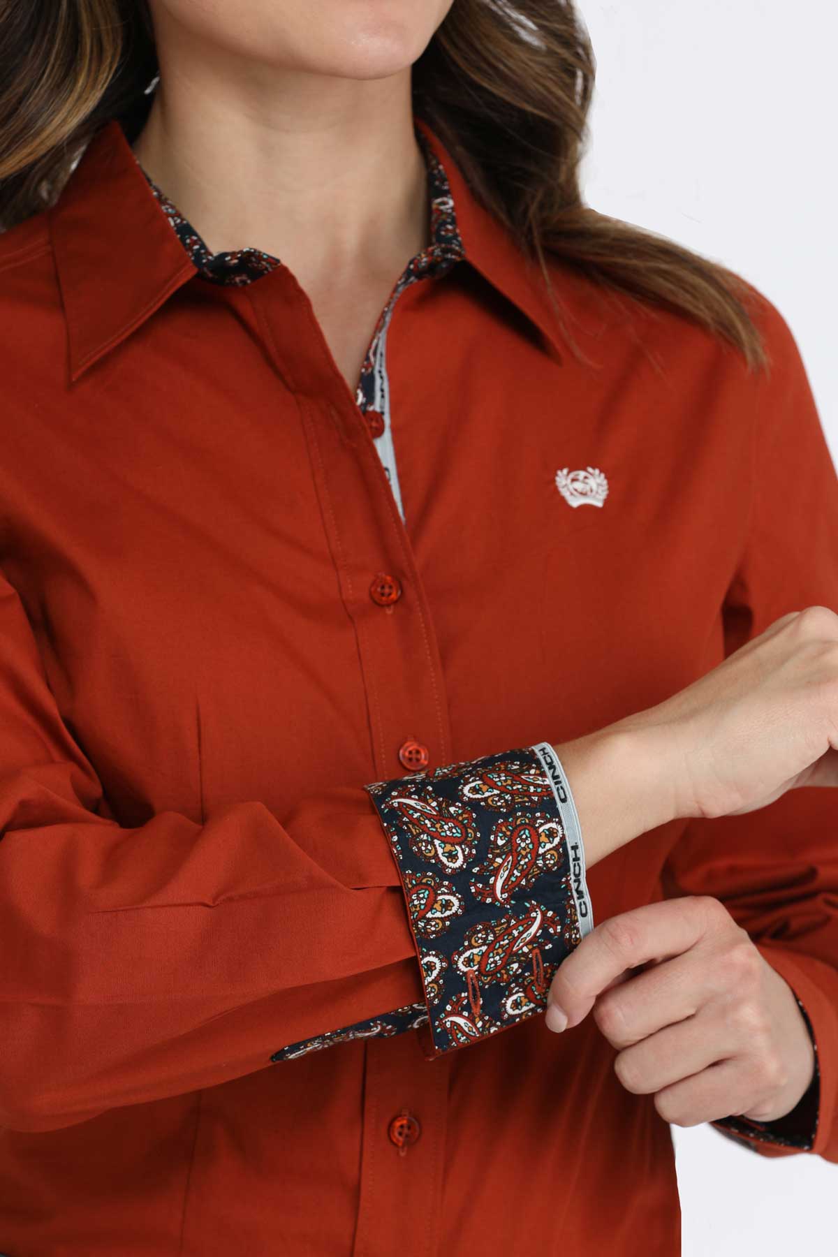 Cinch Women's L/S Stretch Western Button Down Shirt in Rust Red