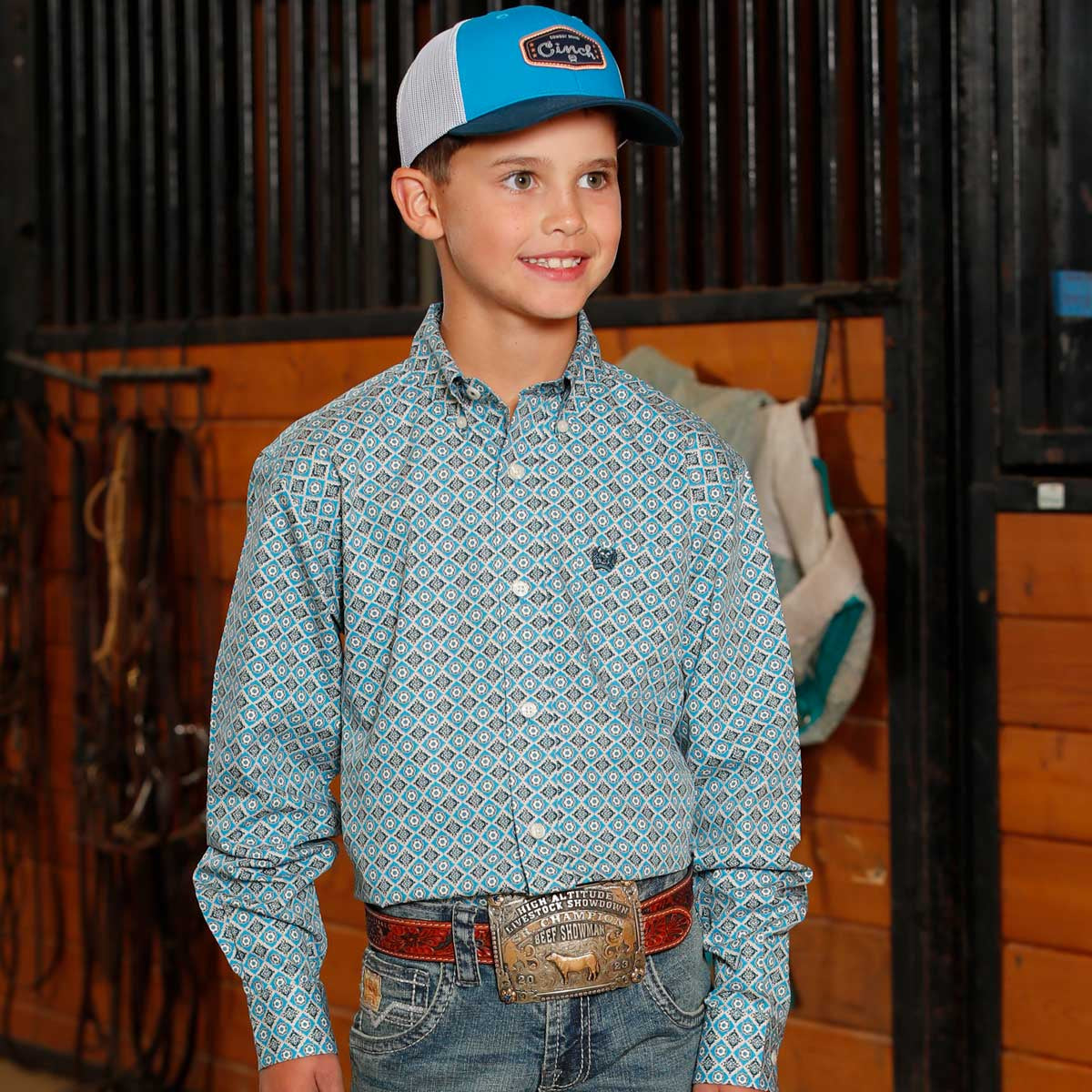 Cinch Youth Boy's L/S Geometric Print Button Down Western Shirt in Light Blue