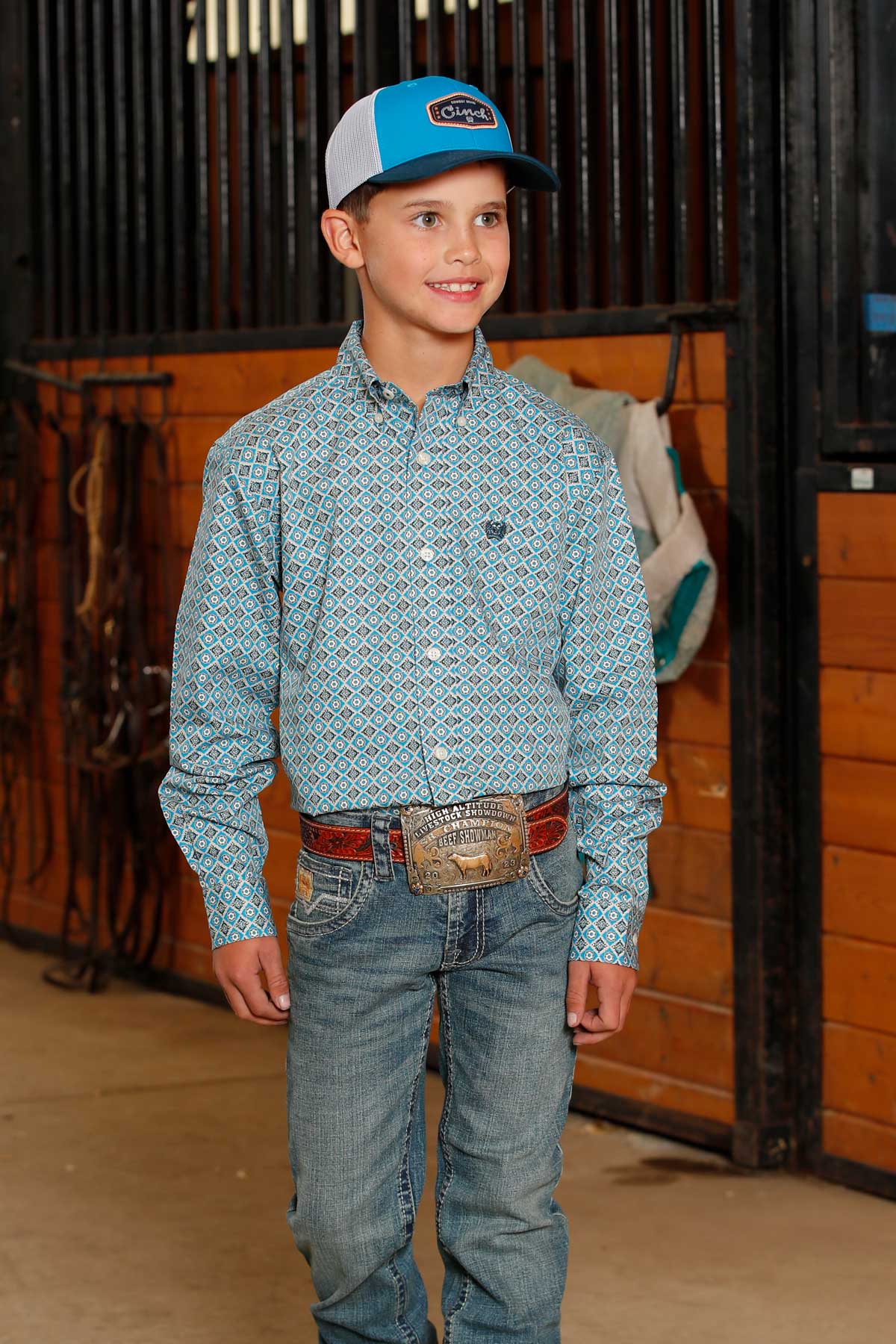 Cinch Youth Boy's L/S Geometric Print Button Down Western Shirt in Light Blue