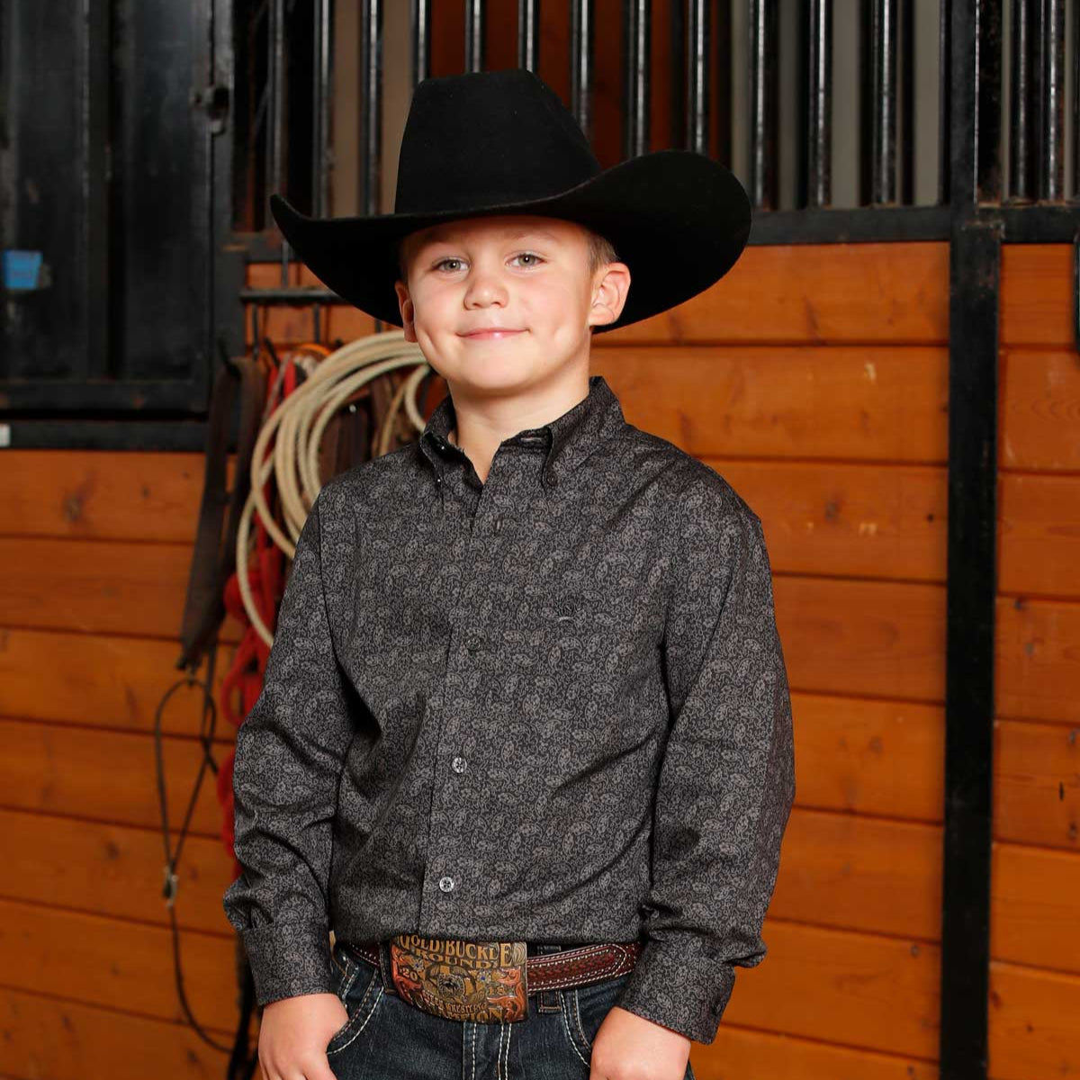 Cinch Youth Boy's L/S Paisley Print Button Down Western Shirt in Charcoal