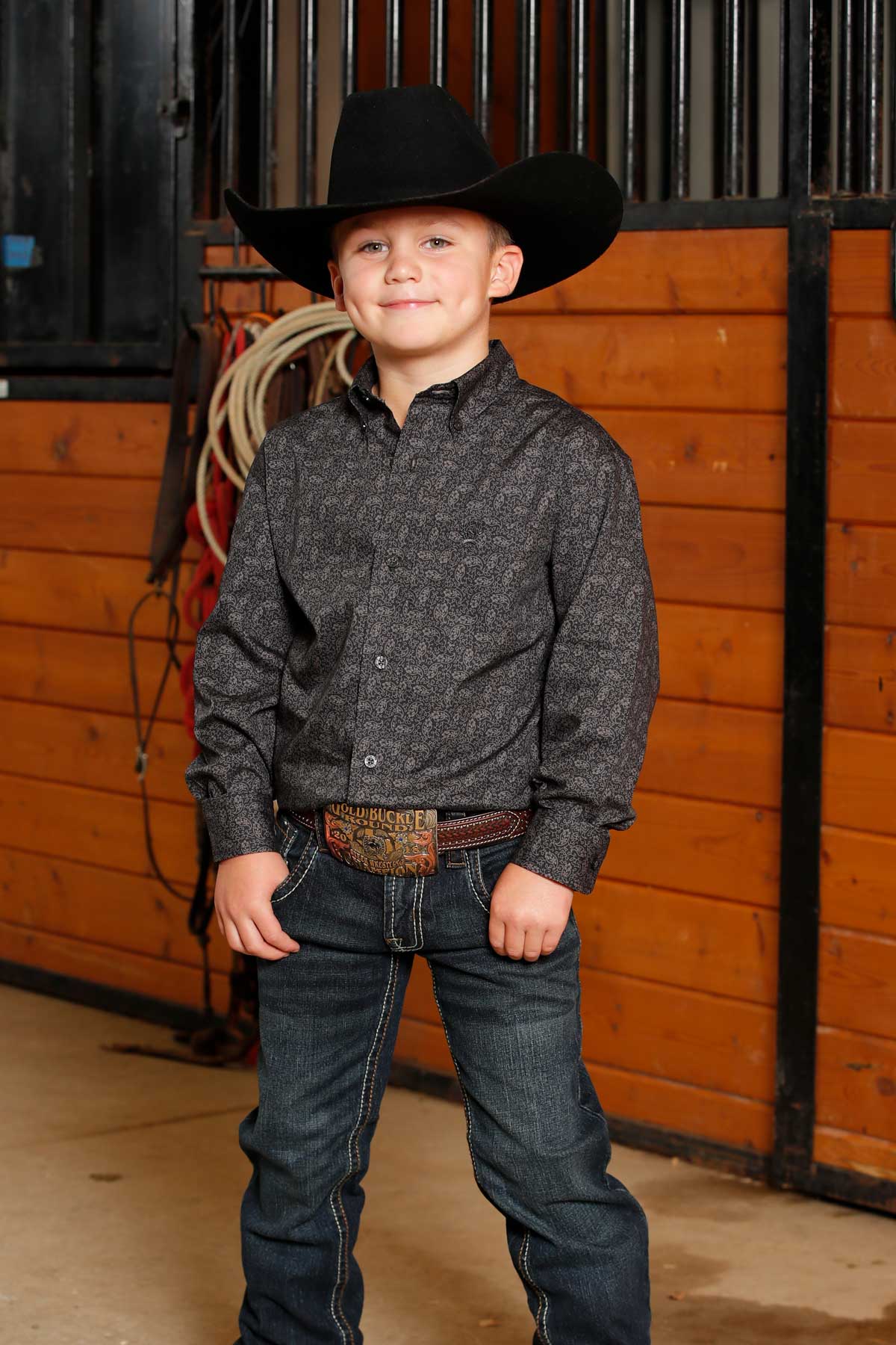 Cinch Youth Boy's L/S Paisley Print Button Down Western Shirt in Charcoal