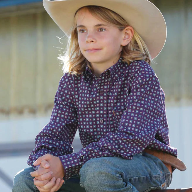 Cinch Youth Boy's L/S Geometric Print Button Down Western Shirt in Purple