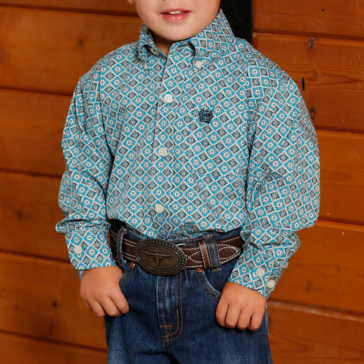 Cinch Baby & Toddler Boy's L/S Diamond Print Button Down Shirt in Blue