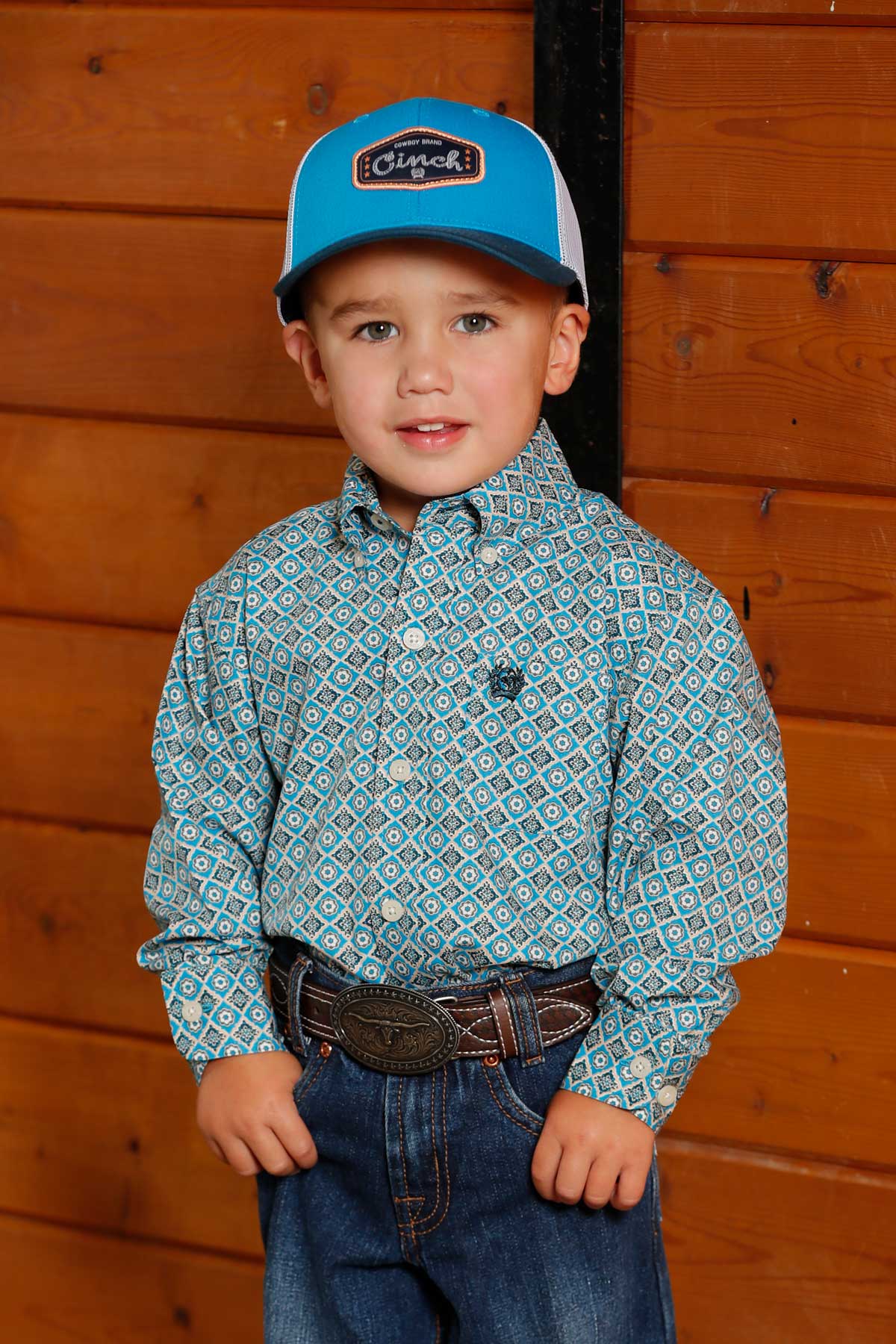 Cinch Baby & Toddler Boy's L/S Diamond Print Button Down Shirt in Blue