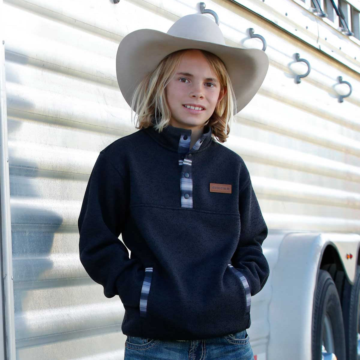 Cinch Youth Boy's Stripe Trim Quarter Snap Pullover in Charcoal