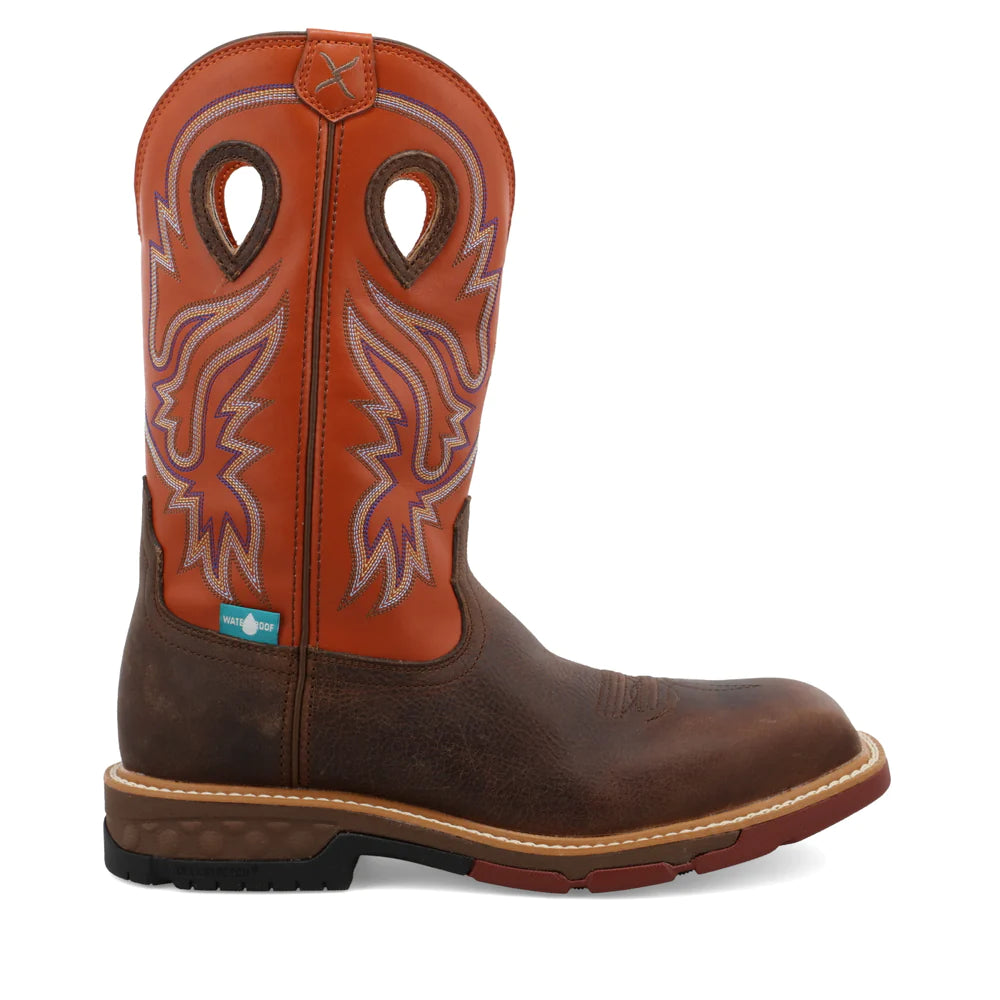 Twisted X Men's 12" Western Nano Toe Work Boot in Brown & Orange