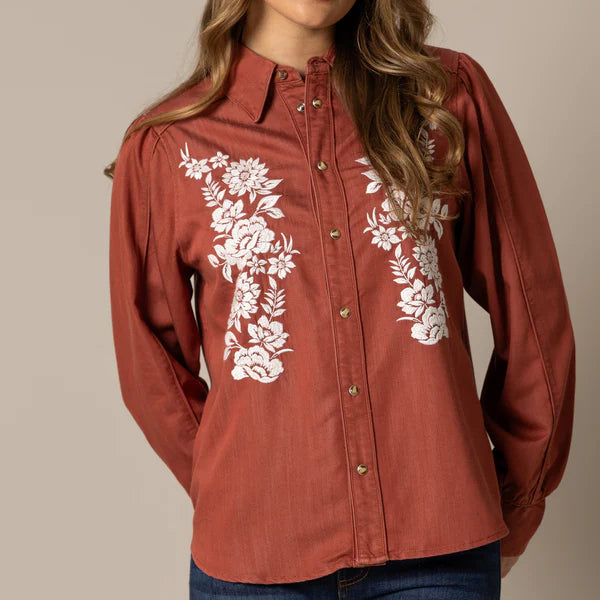Kimes Ranch Women's L/S Mae Western Snap Shirt in Burnt Red
