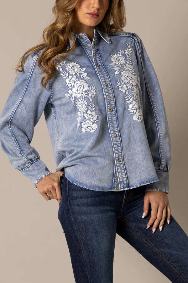 Kimes Ranch Women's L/S Mae Western Snap Shirt in Light Wash Indigo