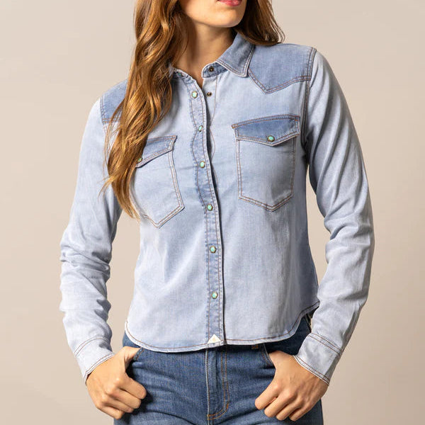 Kimes Ranch Women's L/S Rayna Western Snap Shirt in Light Wash Indigo