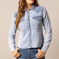 Kimes Ranch Women's L/S Rayna Western Snap Shirt in Light Wash Indigo