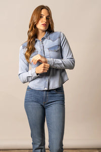 Kimes Ranch Women's L/S Rayna Western Snap Shirt in Light Wash Indigo