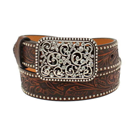 Ariat Girls Floral Embossed Western Belt with Square Buckle in Brown