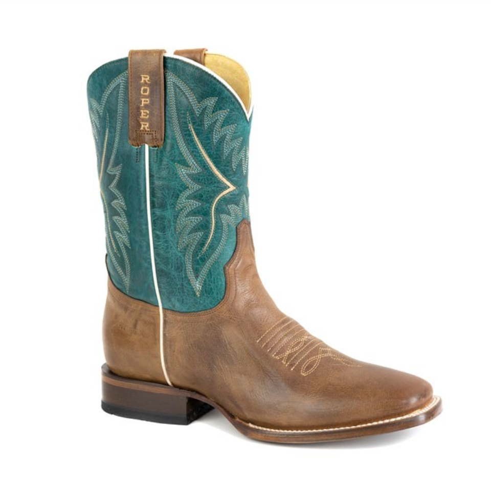 Roper Men's Square Toe Western Cowboy Boot in Burnished Brown and Green