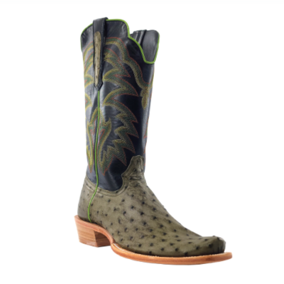 R. Watson Men's Forrest Green Full Quill Ostrich Narrow Square Toe Boots