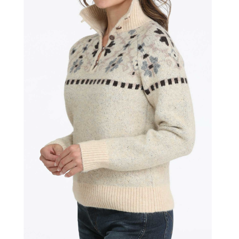 Cinch Women's Southwestern Print Quarter Button Pullover in Cream