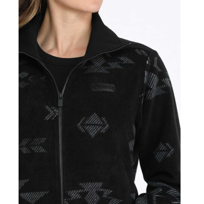 Cinch Women's Aztec Print Fleece Zip Up Jacket in Black