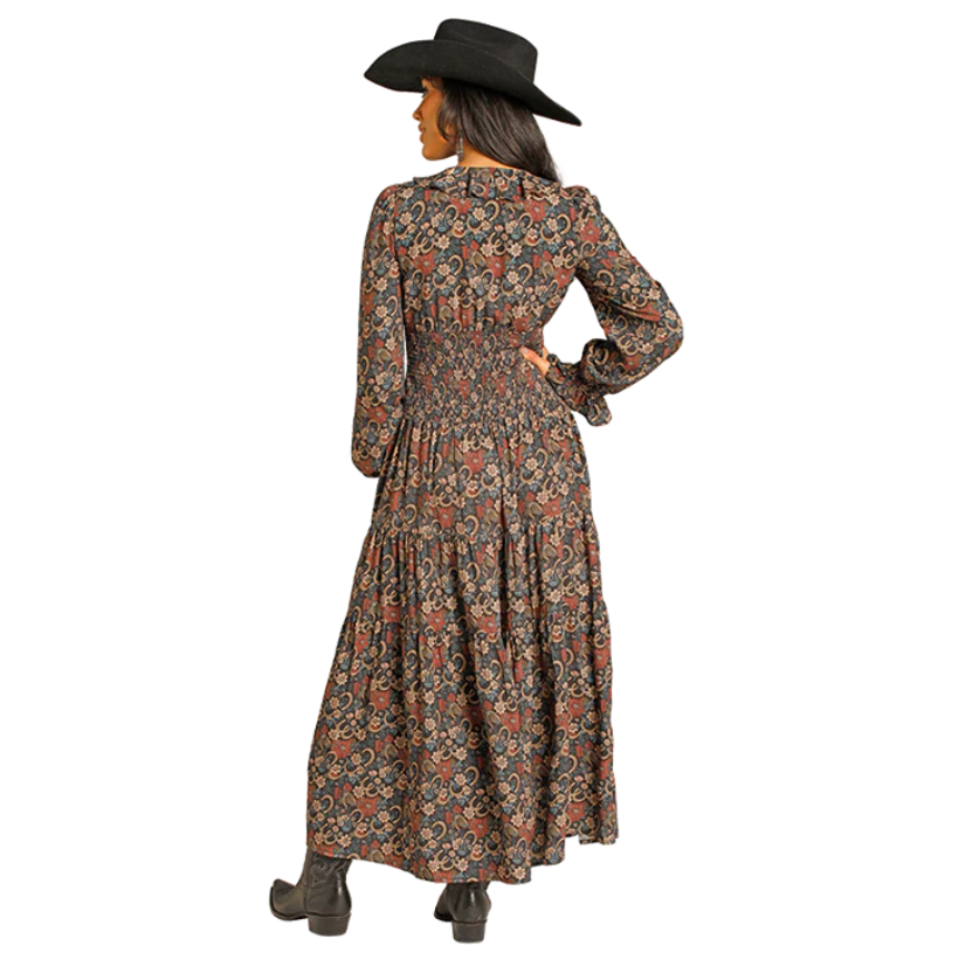 Rock & Roll Denim by Panhandle Slim Women's L/S Tiered Floral Horseshoe Maxi Dress in Black