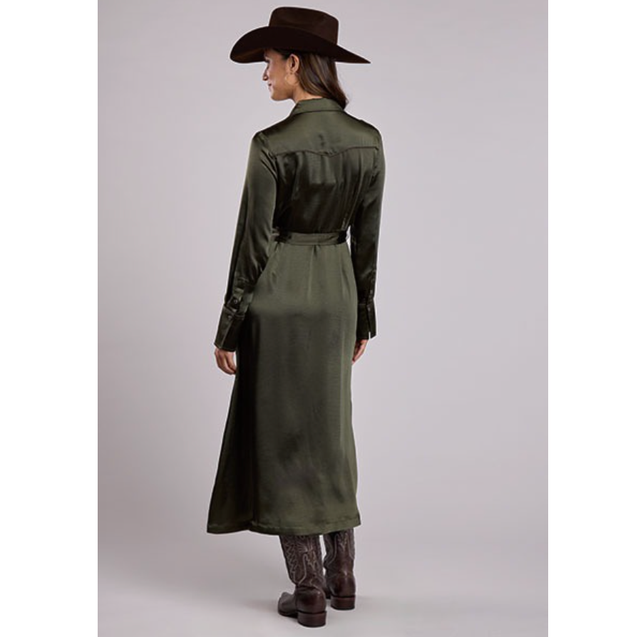 Stetson Women's L/S Satin Maxi Dress in Olive