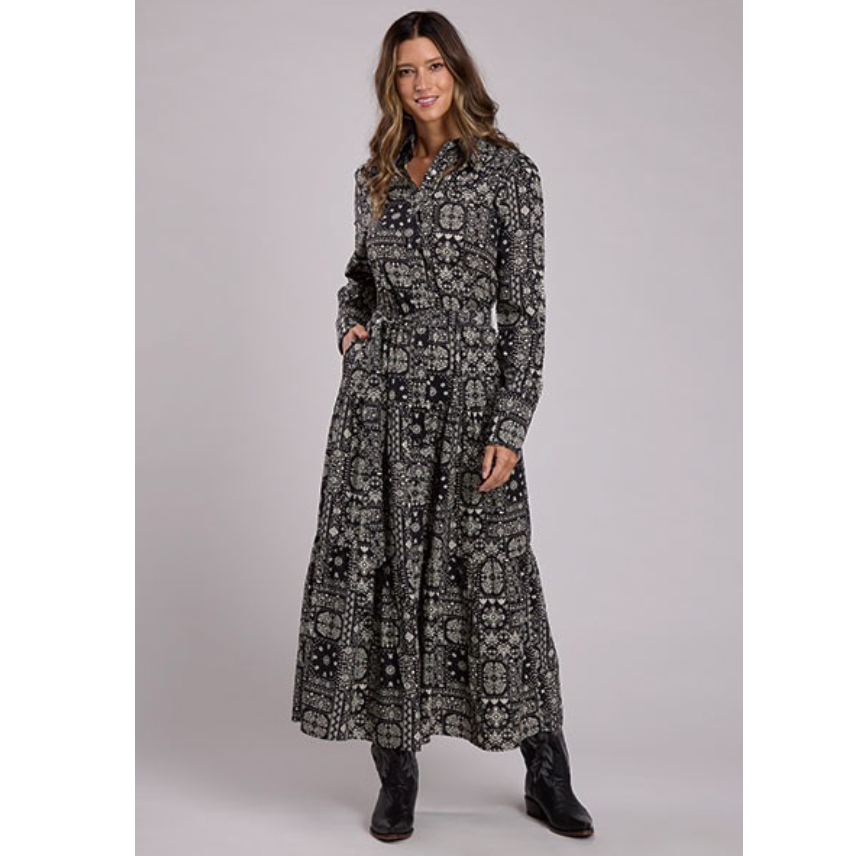 Stetson Women's L/S Bandana Patchwork Tiered Maxi Dress in Black