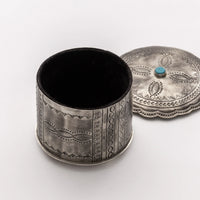 Small Stamped Round Box with Turquoise Stone by J. Alexander Rustic Silver