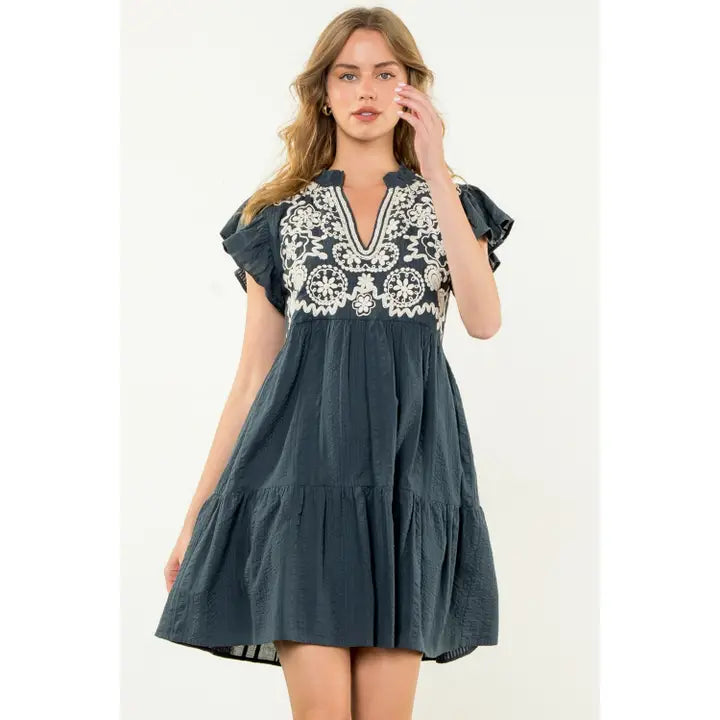 Women's S/S Embroidered Flutter Sleeve Dress in Navy