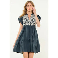 Women's S/S Embroidered Flutter Sleeve Dress in Navy