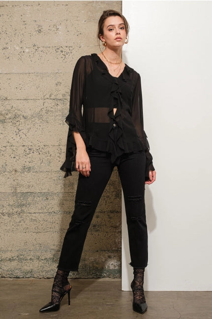 Women's L/S Sheer Chiffon Flutter Sleeve Blouse in Black
