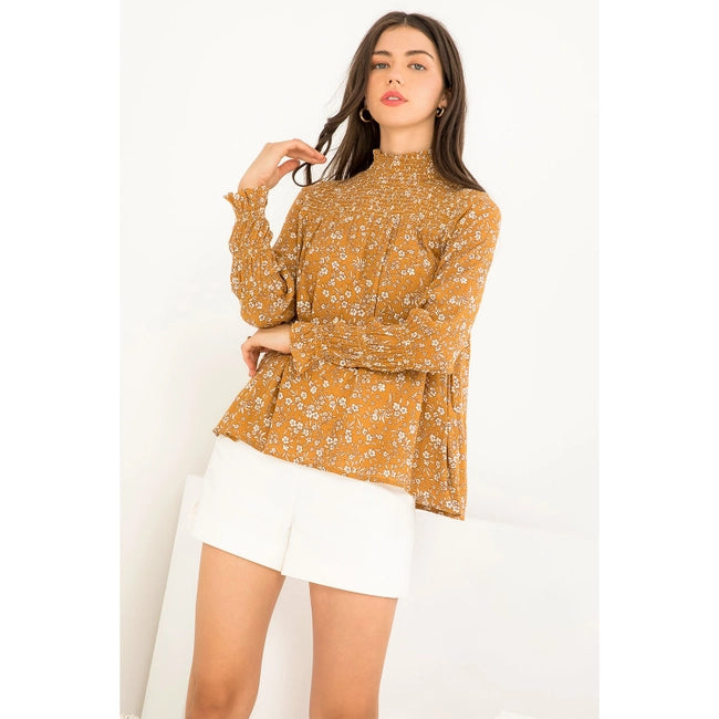 Women's L/S Smocked Floral Print Blouse in Mustard