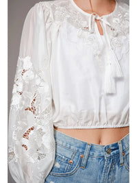 Women's L/S Tie Neck Lace Embroidered Cropped Blouse in White