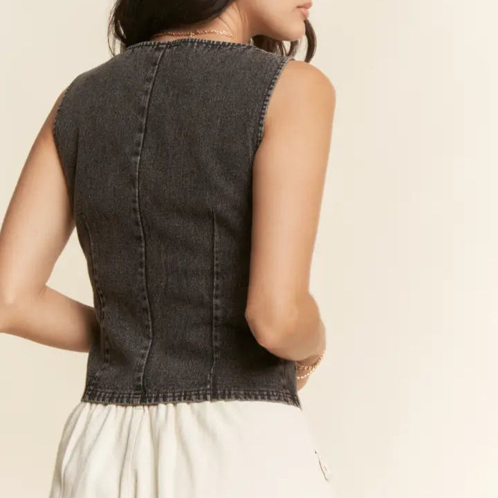 Women's Sleeveless Cropped Denim Corset Zip Front Top in Black (Available in Regular & Plus Sizes!)