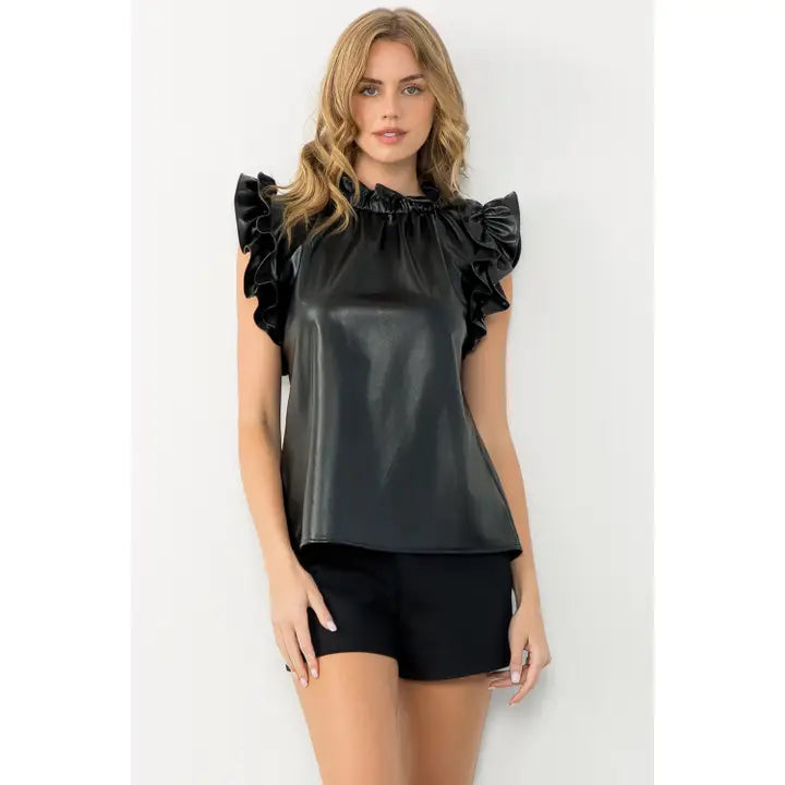 Women's S/S Pleather Ruffled Sleeve Top in Black