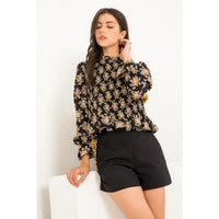 Women's L/S Smocked Floral Print Peplum Top in Black