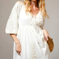 Women's 3/4 Sleeve Embroidered Maxi Dress in Off White