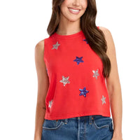 Women's Stars of Summer Sequin Cropped Tank Top in Red (Available in Plus Sizes)