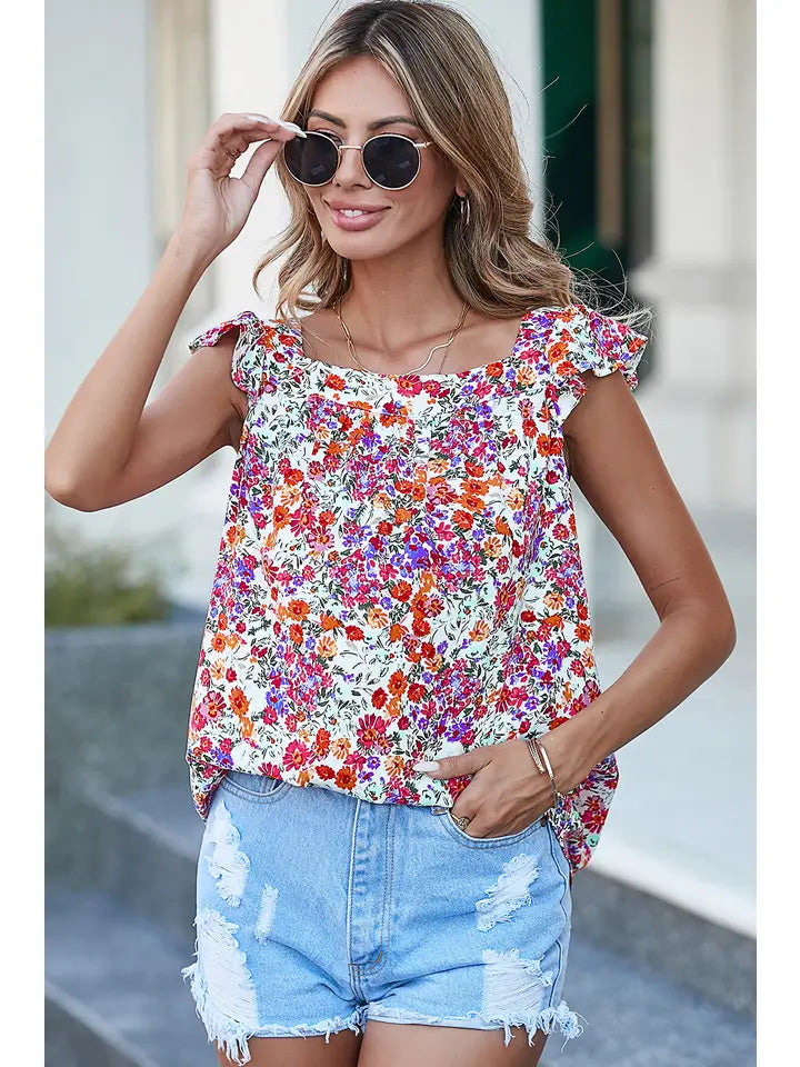 Women's Rose Red Floral Square Neck Flutter Tank Top