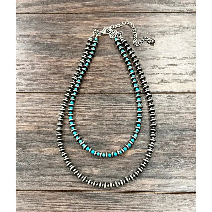 22" Two Strand Turquoise Rondelle Navajo Inspired Bead Necklace
