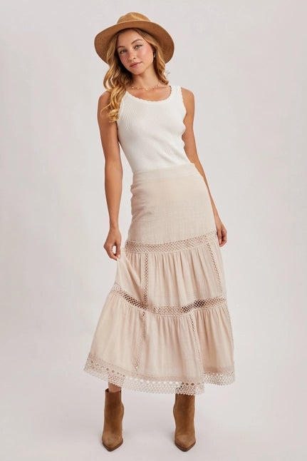 Women's Western Bohemian Crochet Midi Skirt in Oatmeal