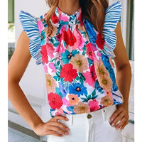 Women's Flutter Sleeve Floral Mock Neck Blouse in Sky Blue