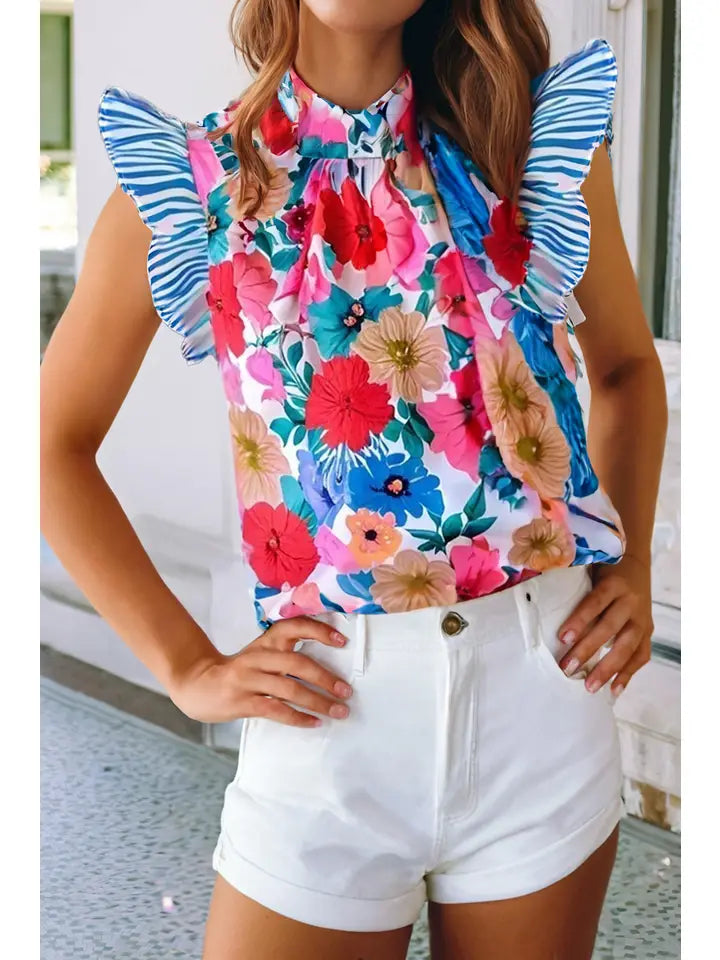 Women's Flutter Sleeve Floral Mock Neck Blouse in Sky Blue