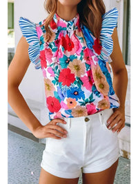 Women's Flutter Sleeve Floral Mock Neck Blouse in Sky Blue