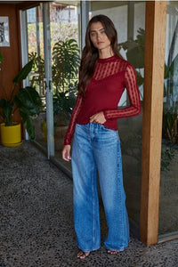 Women's L/S Ribbed Sheer Lace Mock Neck Shirt (Available in 3 Colors)