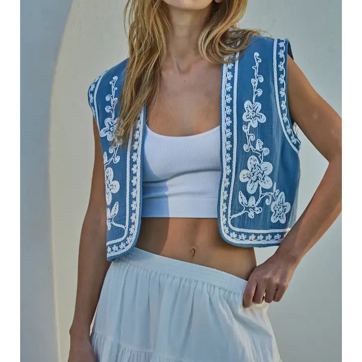 Women's Sleeveless Floral Embroidered Open Front Vest in Dusty Blue