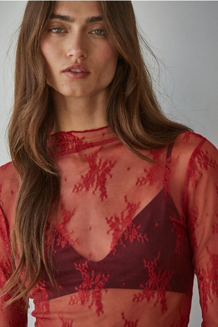 Women's L/S Sheer Floral Lace Mock Neck Mesh Top (Available in 2 Colors)
