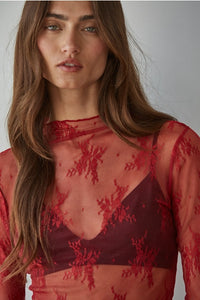 Women's L/S Sheer Floral Lace Mock Neck Mesh Top (Available in 2 Colors)