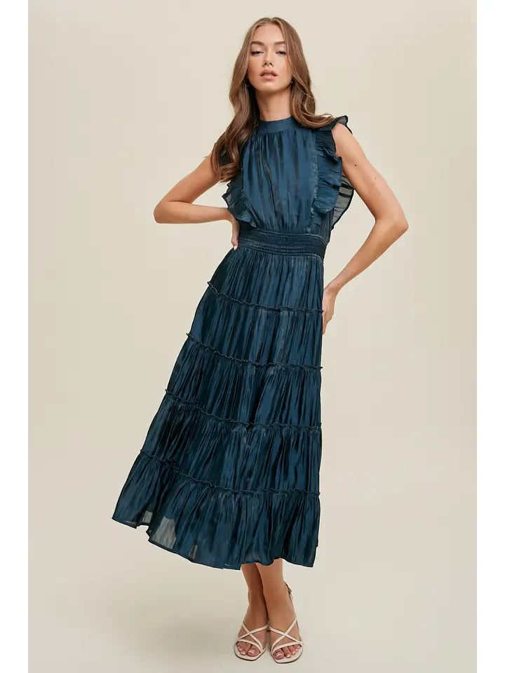 Women's Organza Tiered Midi Dress in Teal