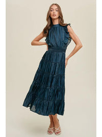 Women's Organza Tiered Midi Dress in Teal